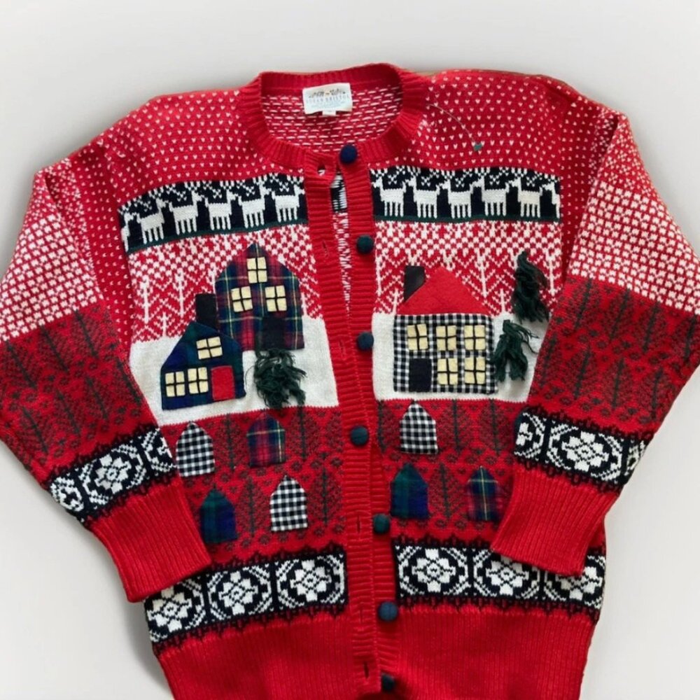 Susan Bristol Vintage 1991 Women’s Size S Cabin Christmas Sweater Cardigan Isle